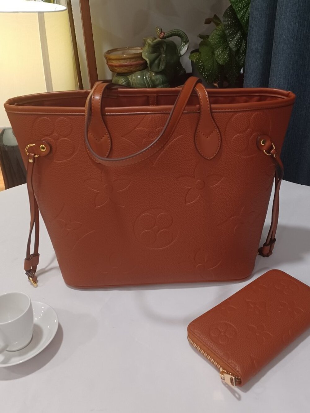 Brown Large Print Tote Bag + Wallet | Designer Inspired |Classic Travel Carryall